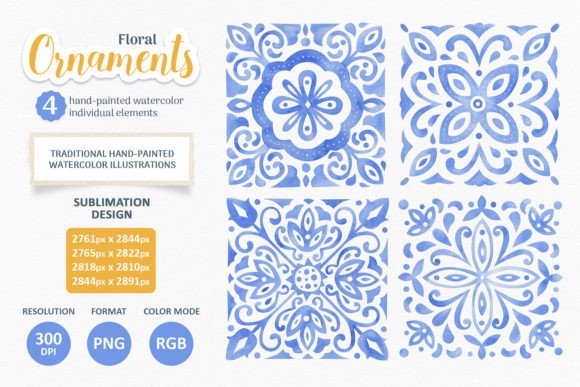 Download Watercolor Floral Blue Tile Ornaments - Tile ornaments Collection